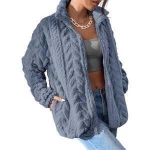 Women's DarkBlue Fleece Jacket 2026 Zipper Stand Collar Casual Coats with Pocket
